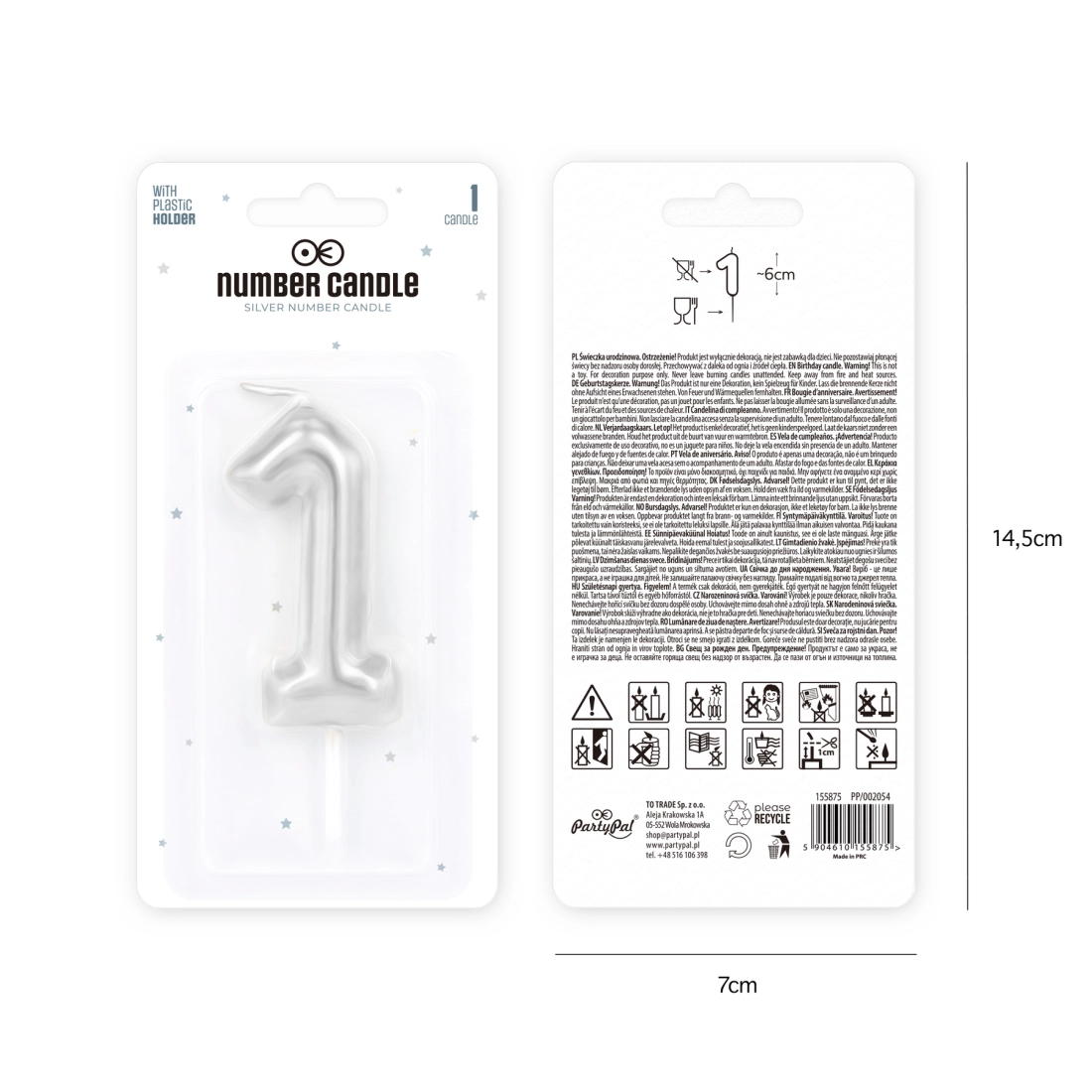 Ezüst fényes tortagyertya, szám 1, 6 cm