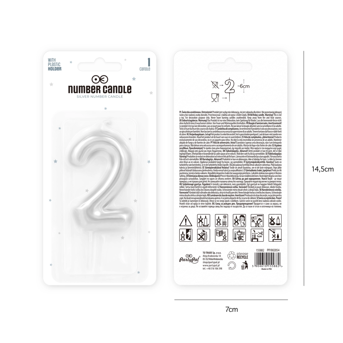 Ezüst fényes tortagyertya 2-es szám, 6 cm