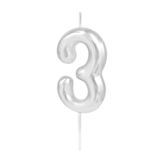 Srebrna sijoča tortna svečka številka 3, 6 cm