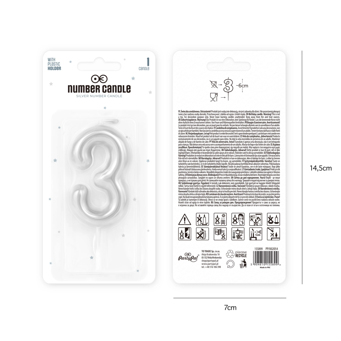 Ezüst fényes tortagyertya 3-as szám, 6 cm