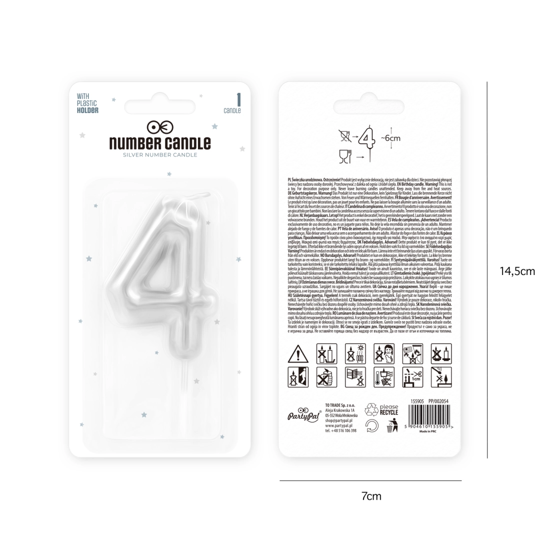 Ezüst fényes tortagyertya szám 4, 6 cm