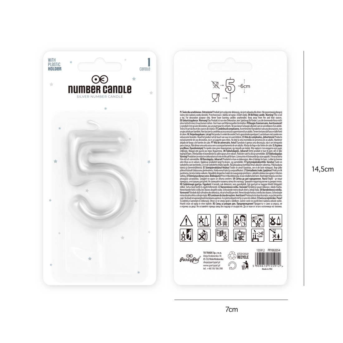 Lumânare pentru tort, cifră 5, argintie lucioasă, 6 cm