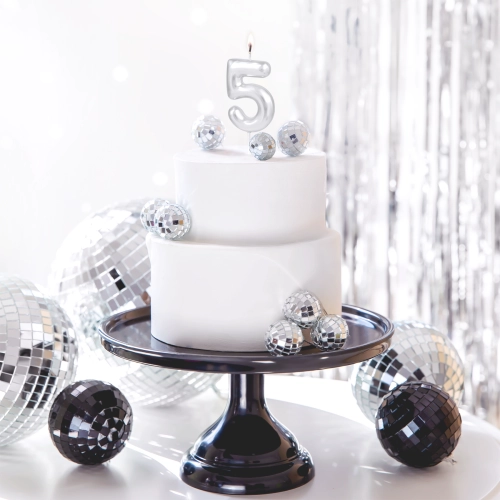 Ezüst fényes tortagyertya 5-ös szám, 6 cm