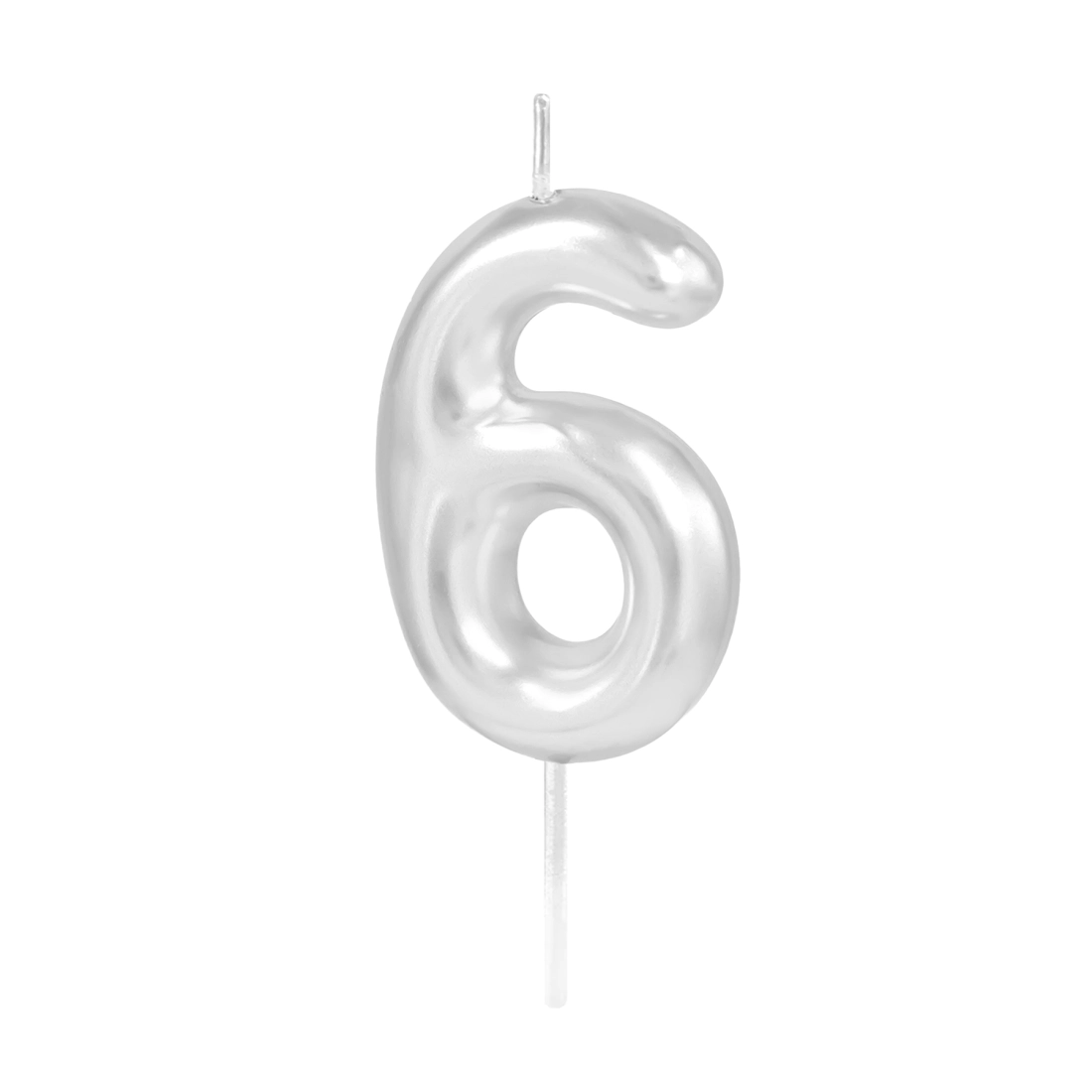 Lumânare pentru tort, cifră 6, argintie lucioasă, 6 cm