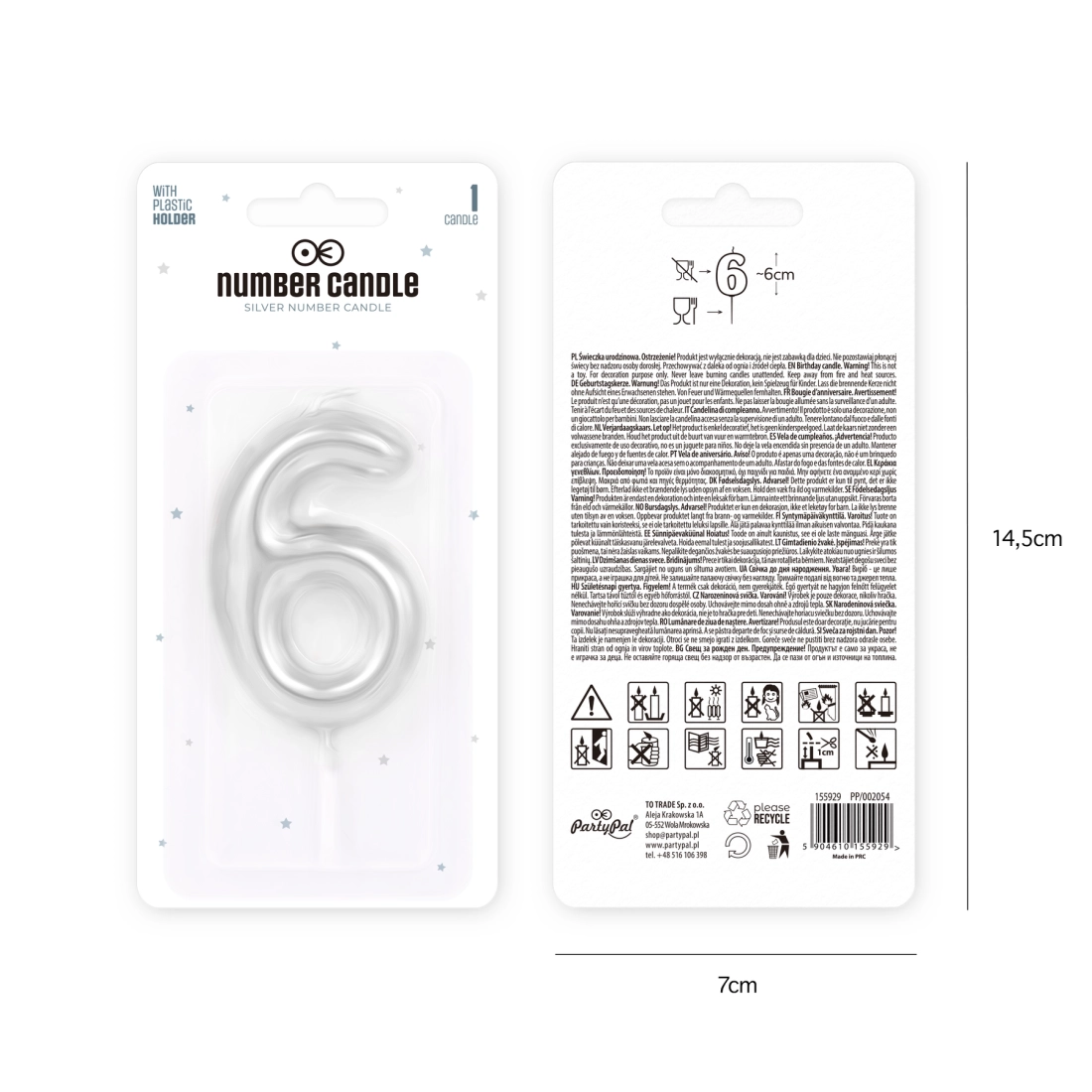 Lumânare pentru tort, cifră 6, argintie lucioasă, 6 cm