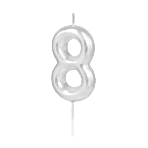 Ezüst fényes tortagyertya 8-as szám, 6 cm