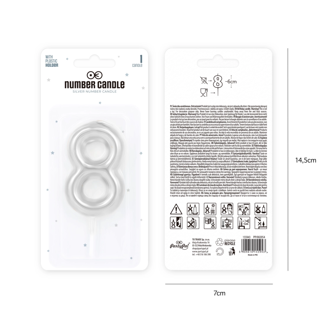 Ezüst fényes tortagyertya 8-as szám, 6 cm