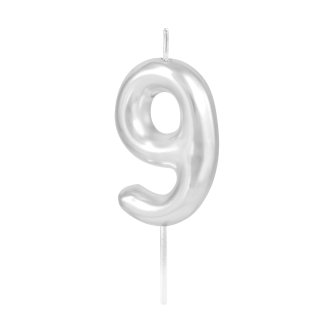 Srebrna sijoča tortna svečka številka 9, 6 cm