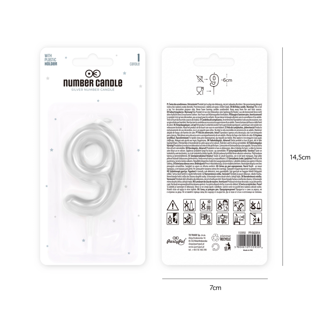Lumânare de tort lucioasă argintie, cifră 9, 6 cm