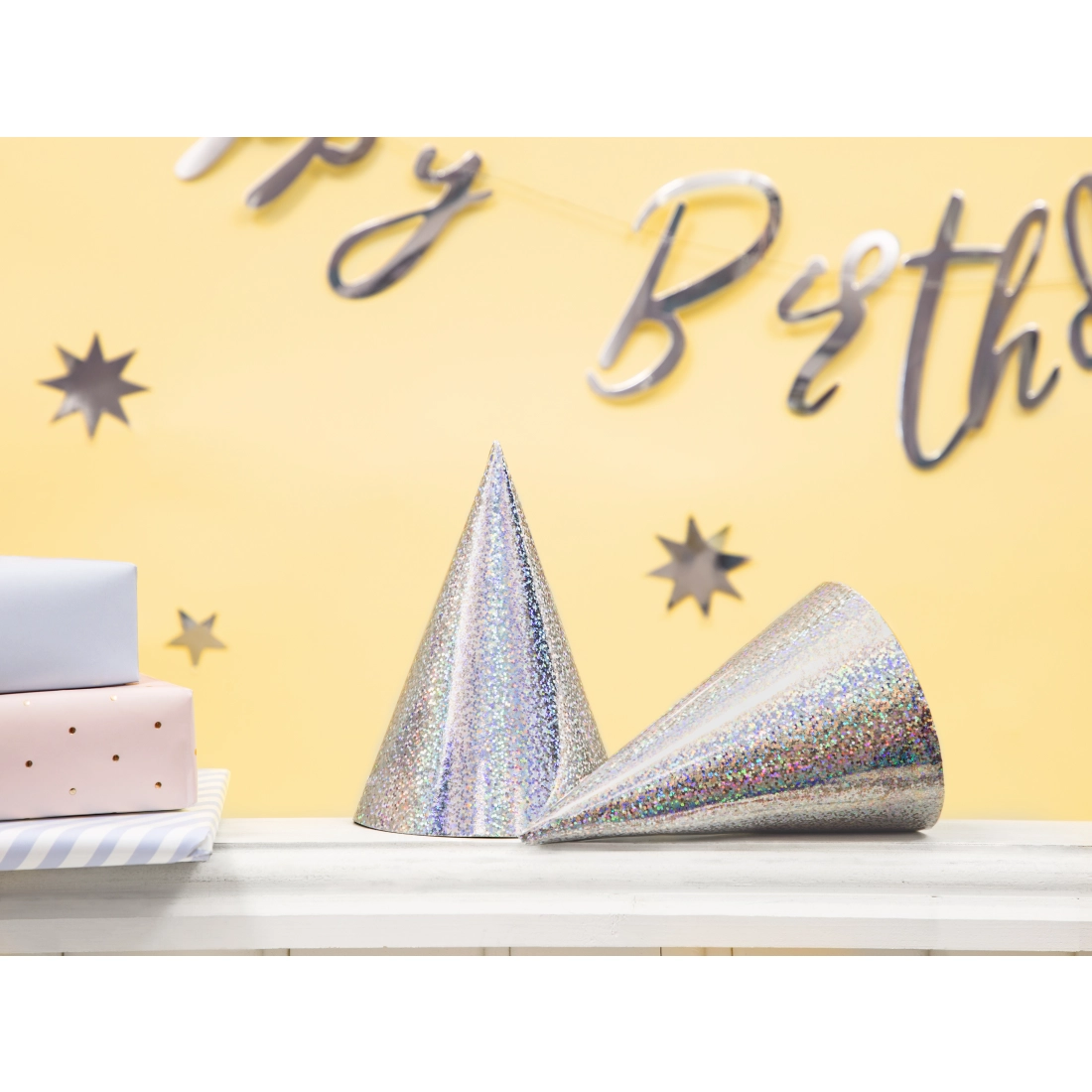 Pălării holografice argintii pentru petrecere, 16 cm – set 6 buc.