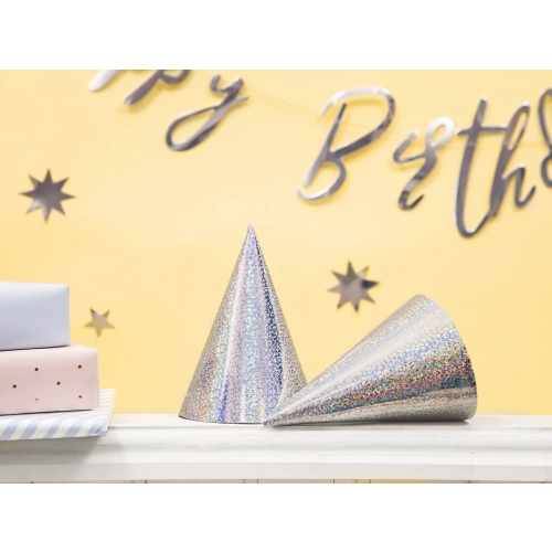 Pălării holografice argintii pentru petrecere, 16 cm – set 6 buc.