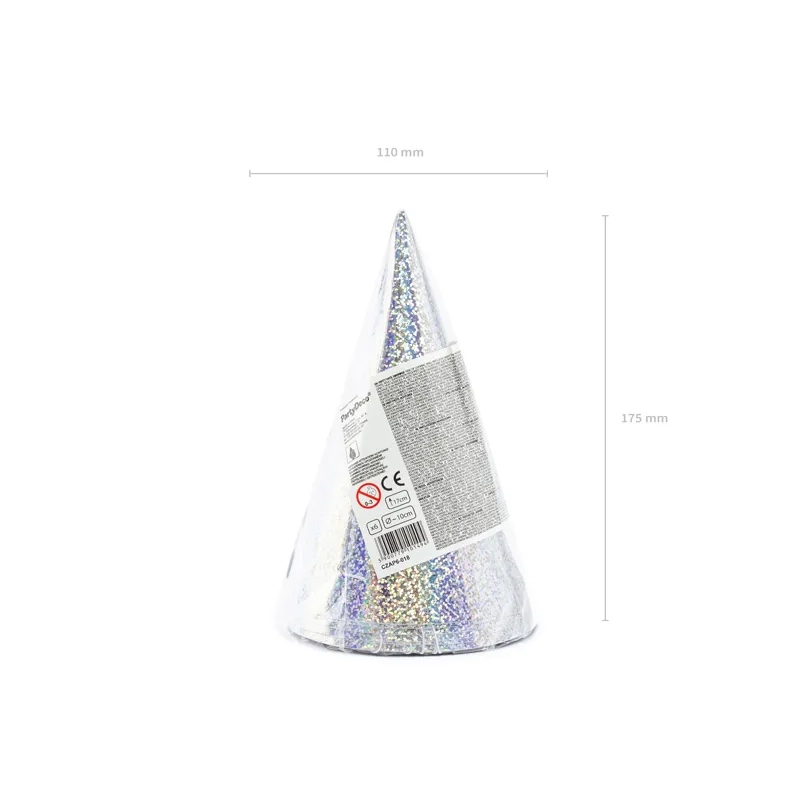 Pălării holografice argintii pentru petrecere, 16 cm – set 6 buc.