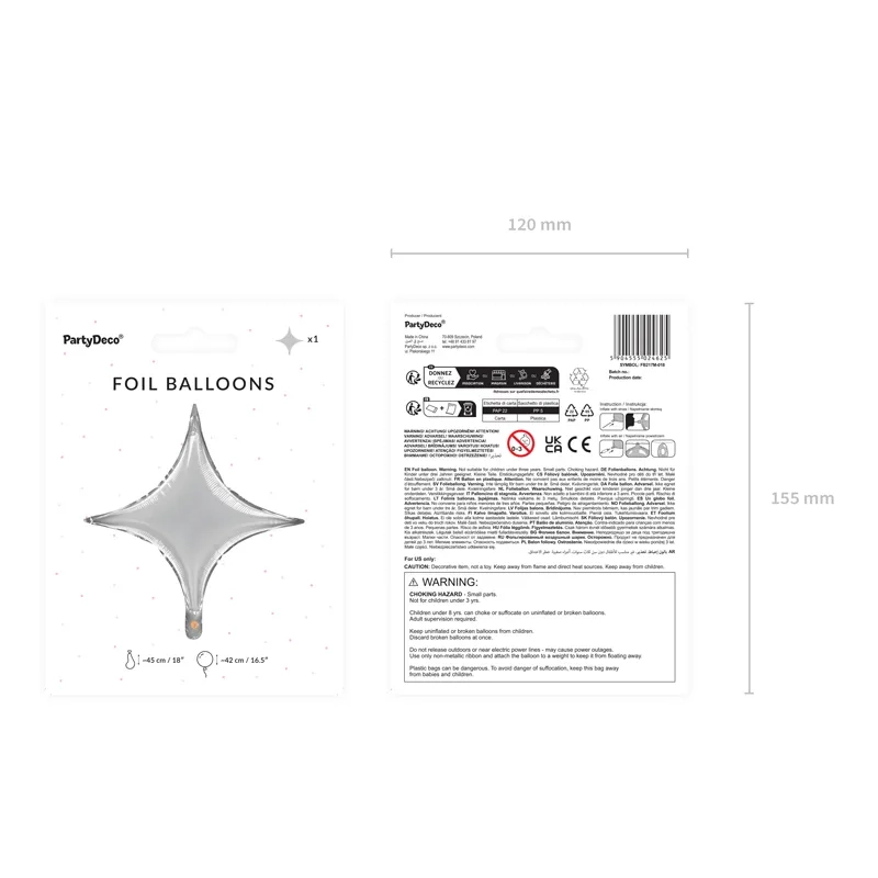 Srebrni folijski balon 4-kraka zvezda 45 cm – kovinski dekorativni balon