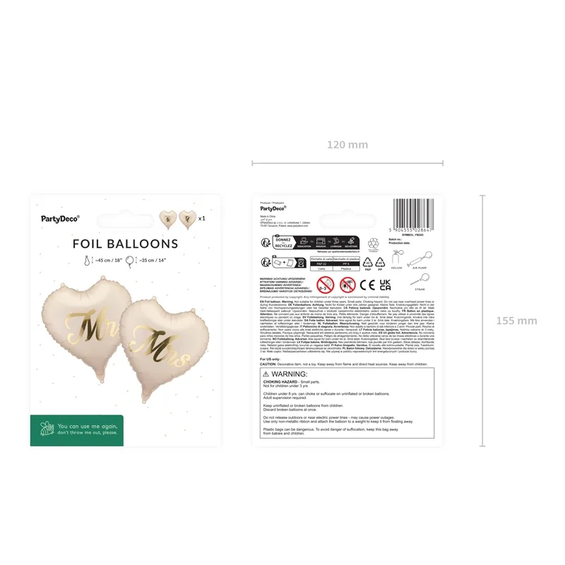 Svadobné fóliové balóniky srdce MR a MRS, béžovo-zlaté 45 cm, 2 ks