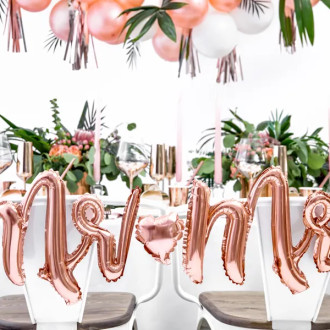 Poročni folijski baloni Mr & Mrs v rožnato-zlati, komplet srce 69x125 cm