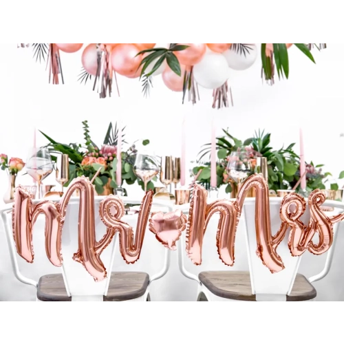 Baloane folie de nuntă Mr & Mrs, roz auriu, set inimă 69x125 cm