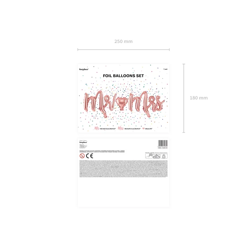 Baloane folie de nuntă Mr & Mrs, roz auriu, set inimă 69x125 cm