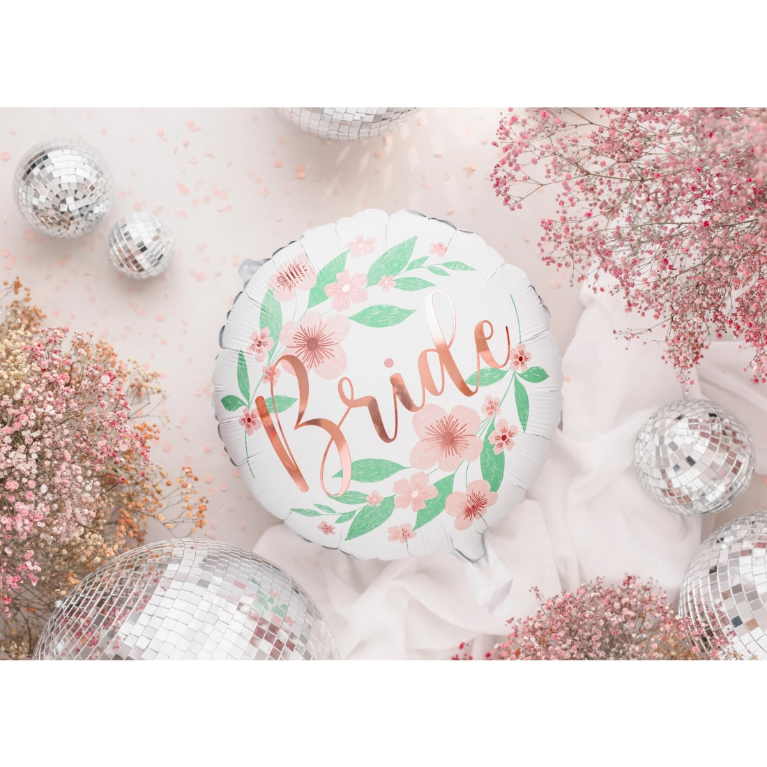 Balon folie de nuntă Bride 45 cm – alb, cu inscripția roz Bride