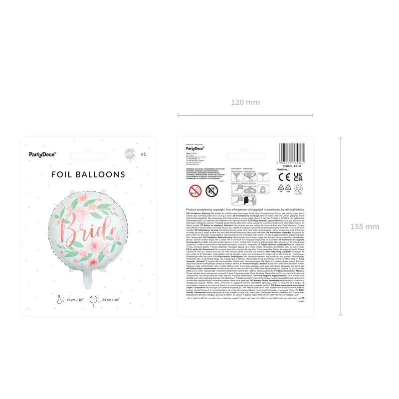 Balon folie de nuntă Bride 45 cm – alb, cu inscripția roz Bride