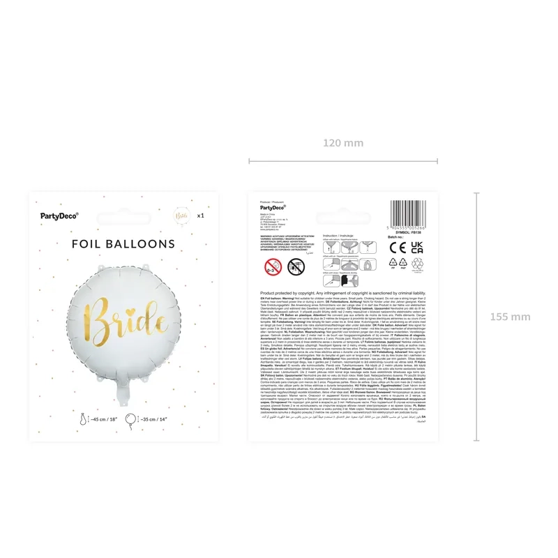 Balon folie nuntă Bride 45 cm, alb cu inscripție aurie
