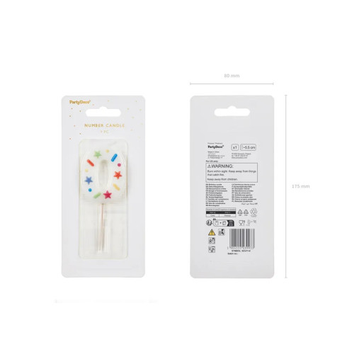 Svíčka na dort číslo 0 bílá s konfetami