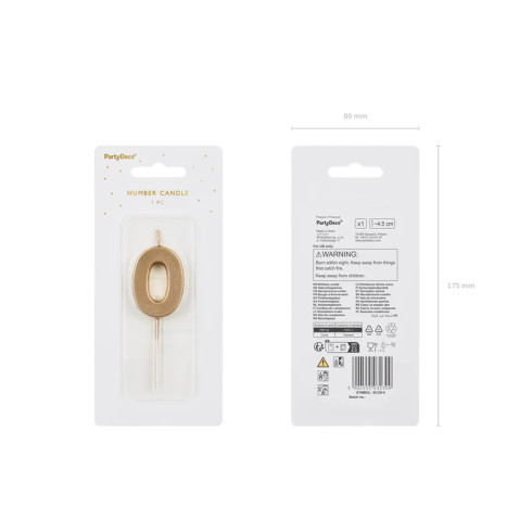 Lumânare pentru tort, cifră 0, aurie, 4,5 cm