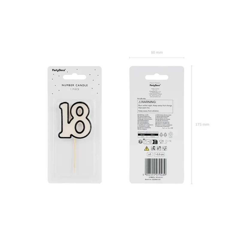 Lumânare pentru tort, cifră 18, alb-negru