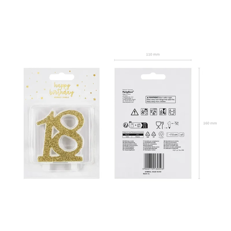 Lumânare pentru tort, cifră 18, aurie