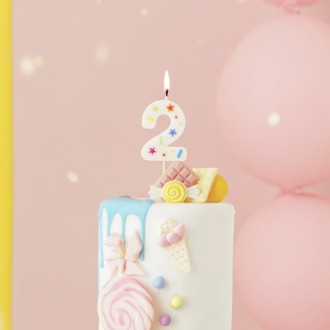 Sviečka na tortu číslo 2 biela s konfetami