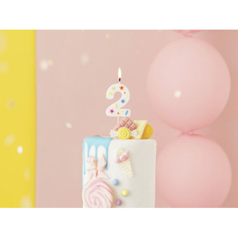 Sviečka na tortu číslo 2 biela s konfetami