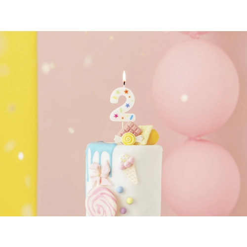 Lumânare pentru tort, cifră 2, albă cu confetti