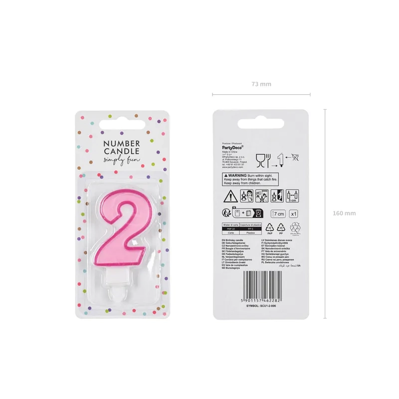 Rózsaszín 2-es számú tortagyertya, 7 cm