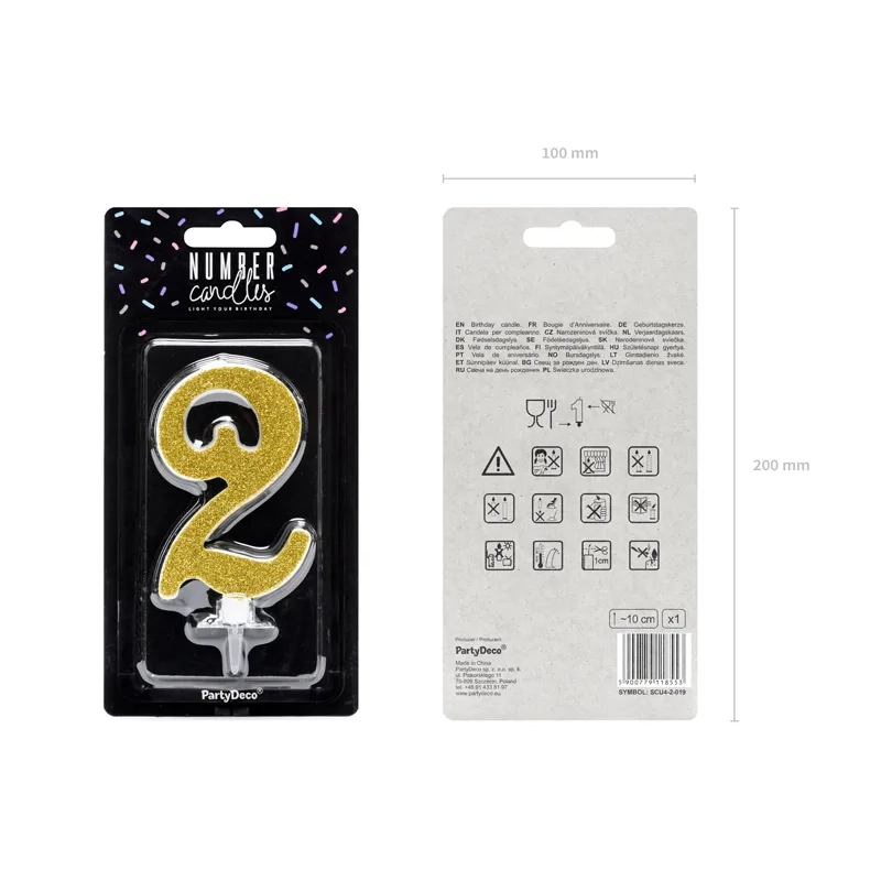 Lumânare pentru tort, cifră 2, auriu, 10 cm