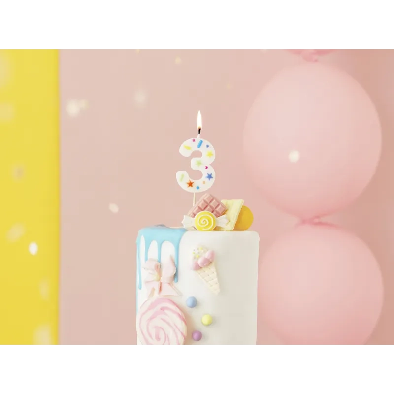 Fehér 3-as tortagyertya konfettivel