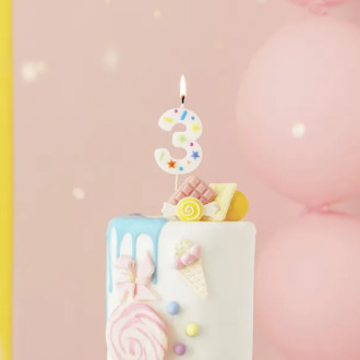 Sviečka na tortu číslo 3 biela s konfetami