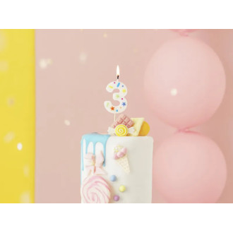 Svíčka na dort číslo 3 bílá s konfetami