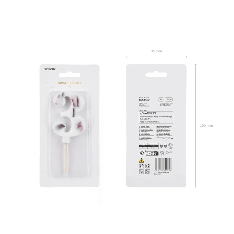 Fehér születésnapi gyertyaszám 3 virágmintával 8 cm