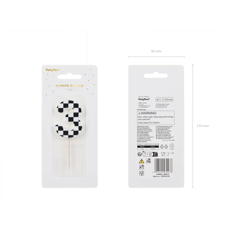 Kockás tortagyertya 3-as szám, 5,5 cm, vegyes színek