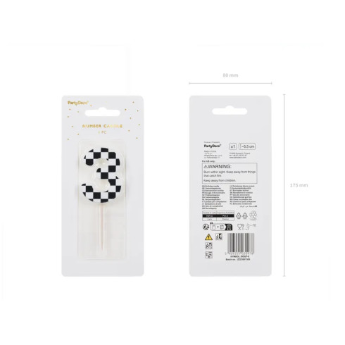 Svijeća za tortu broj 3, kockasta, 5,5 cm, mix