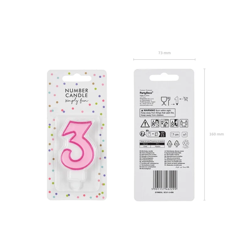 Rózsaszín 3-as tortagyertya, 7 cm