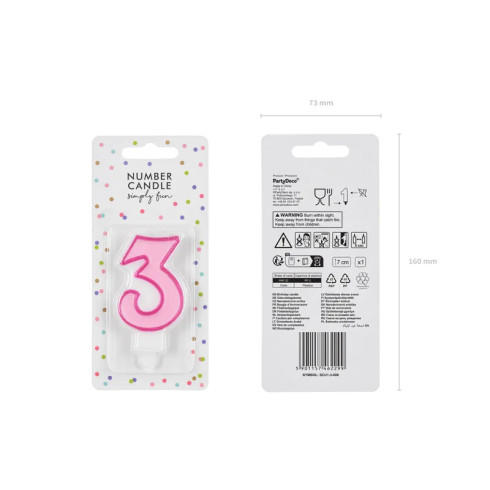 Sviečka na tortu číslo 3 ružová 7 cm
