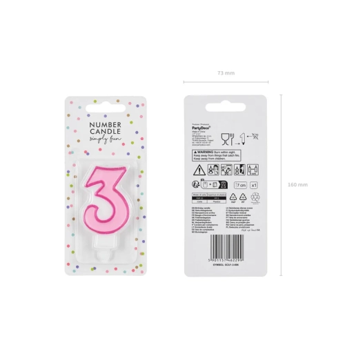 Lumânare pentru tort, cifră 3, roz, 7 cm