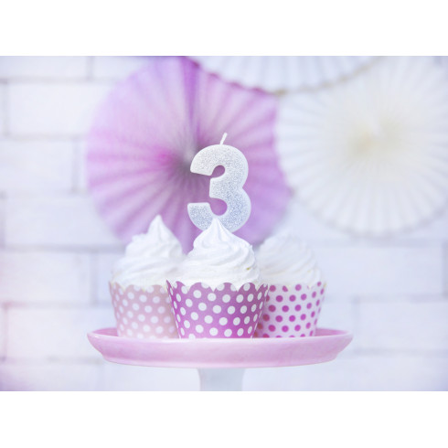 Sviečka na tortu číslo 3 strieborná trblietavá