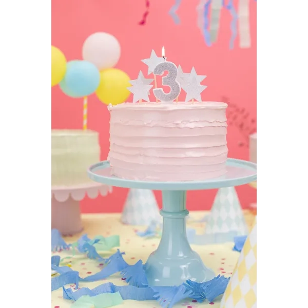 Csillogó ezüst 3-as tortagyertya