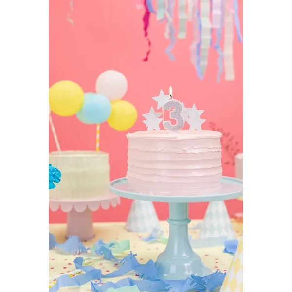 Csillogó ezüst 3-as tortagyertya