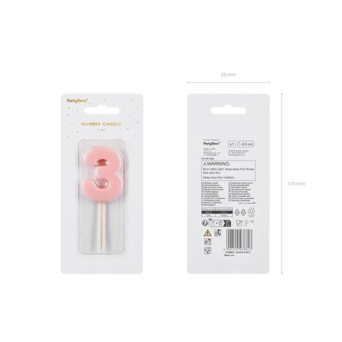 Sviečka na tortu číslo 3 svetloružová