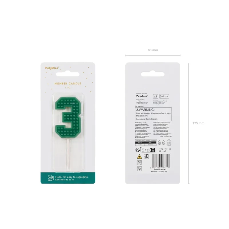 Zöld tortagyertya 3-as szám, 6 cm