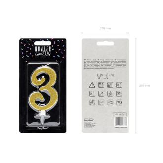 Sviečka na tortu číslo 3 zlatá trblietavá