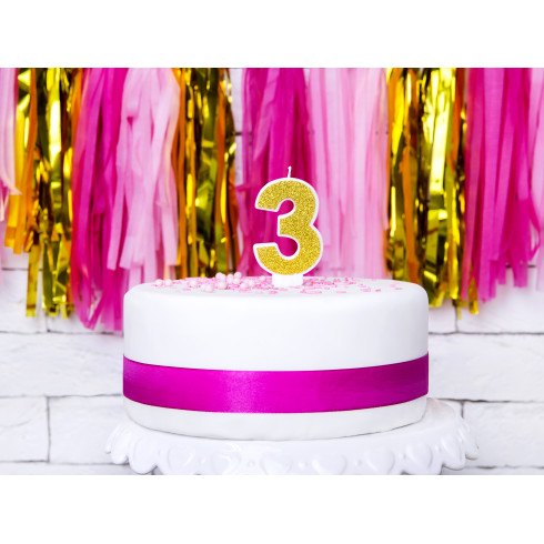 Svíčka na dort číslo 3 zlatá třpytivá