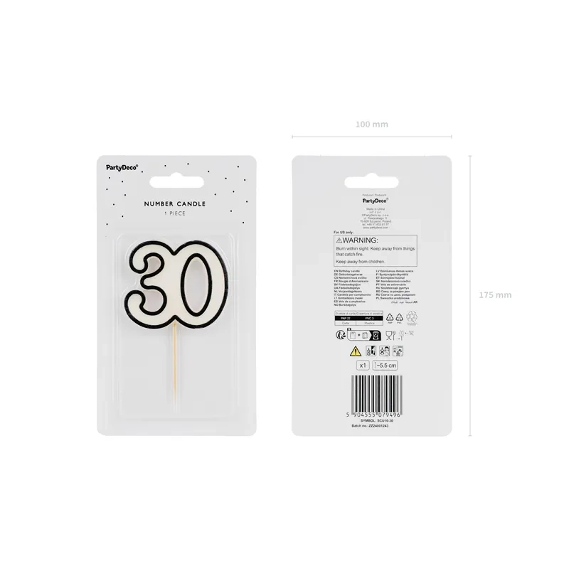 Lumânare pentru tort cifră 30, alb-negru